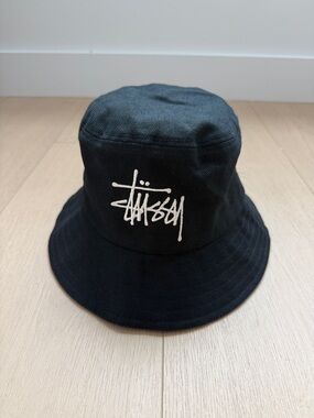 Stussy Black Bucket Hat with White Script - bought in Japan